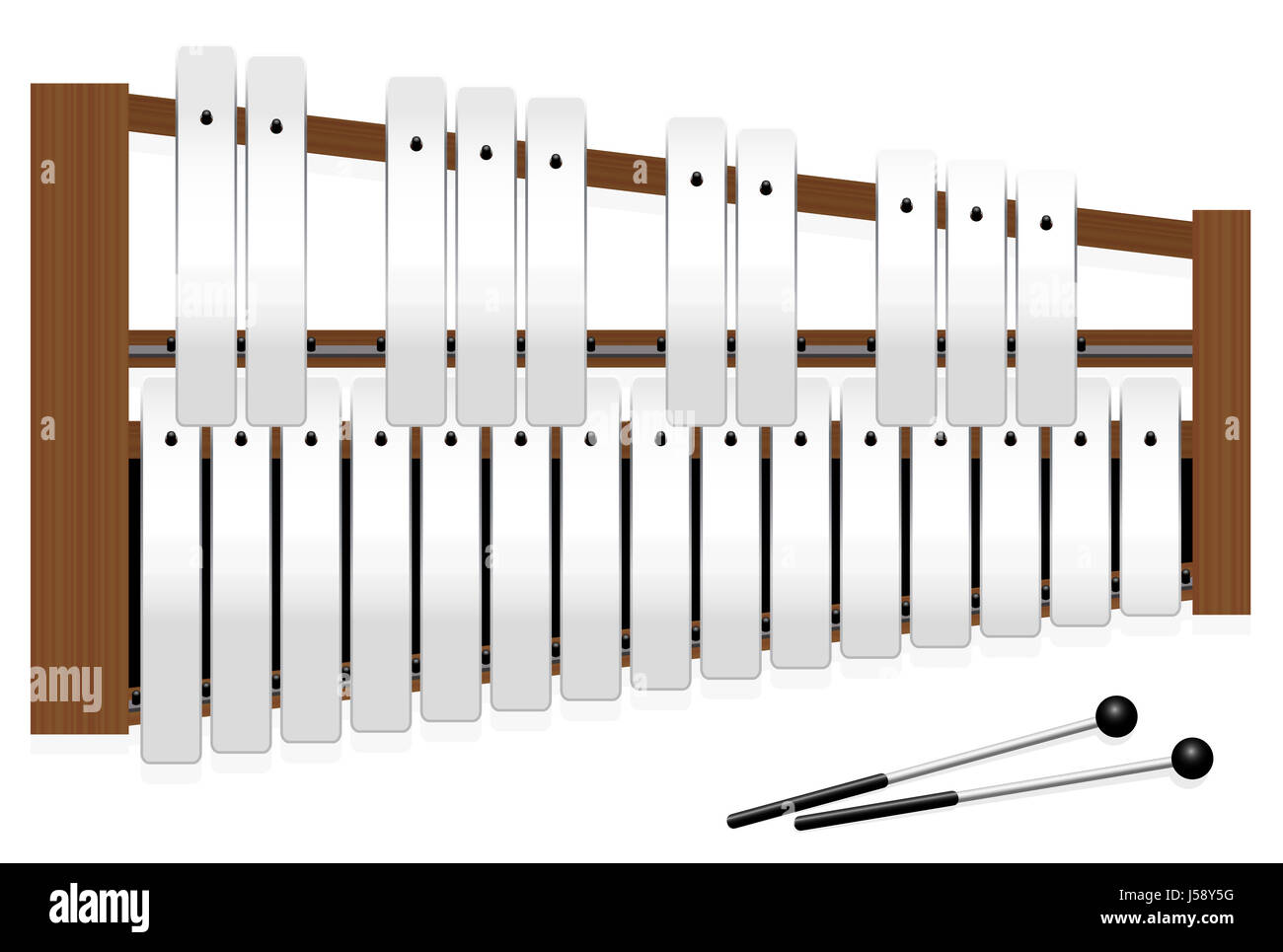 Metallophon mit Metall-bars - Draufsicht - drei Oktaven in c-Dur mit fünfzehn Ganztönen und zehn Halbtöne- plus zwei Percussion Mallets. Stockfoto