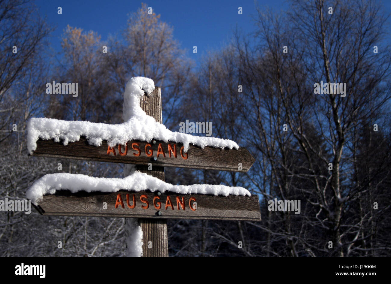 Zeichen signalisieren Winter Ausfahrt Hinweis rollt Richtung Pfeil Schnee Wald zeigt Stockfoto