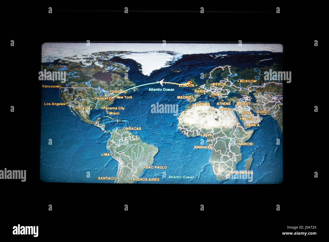 im Flug-Daten-Karte von Transatlantik-Flug aus Europa in die usa Stockfoto