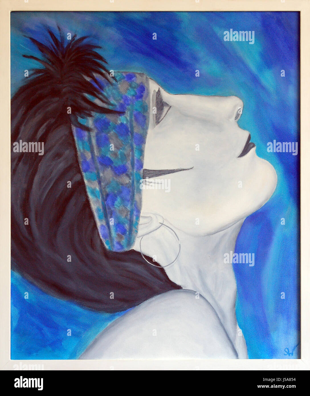 Frau Blau Malerei Hobby malen Engagement Freizeit Farbe Aquarell kreativ Stockfoto