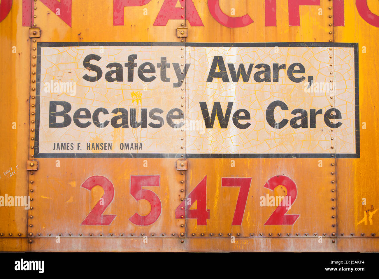 Zug Sicherheit Zeichen, westlichen Amerika Railroad Museum, Barstow, Kalifornien Stockfoto