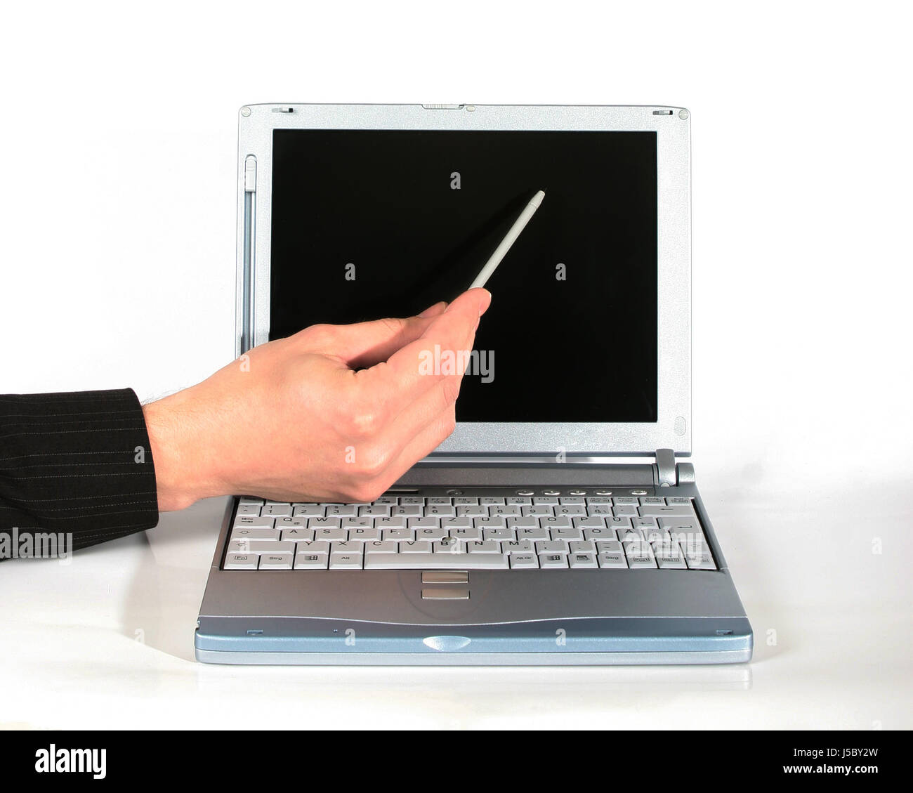 Laptop-Notebook-Computer Computer angeben zeigen Hand Tastatur Präsentation Stockfoto