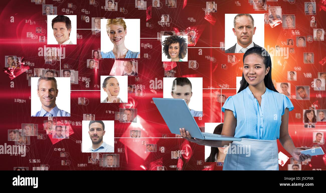 Digital Composite Geschäftsfrau Holding Laptop Portraits Stockfoto