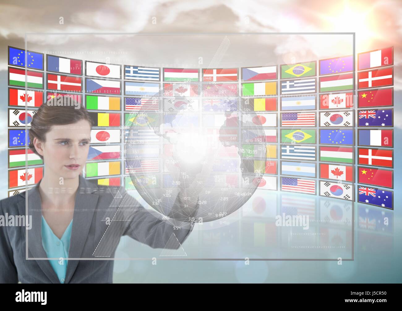 Digital Composite Panel mit Flaggen Frau Dinge in einer futuristischen Touchscreen Stockfoto