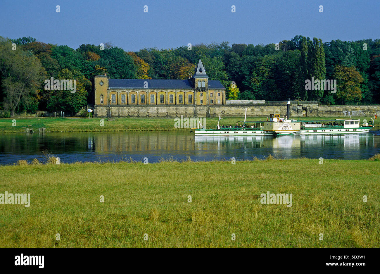 Schiff der sächsischen Dampfschiffahrtsgesellschaft an der elbe Stockfoto