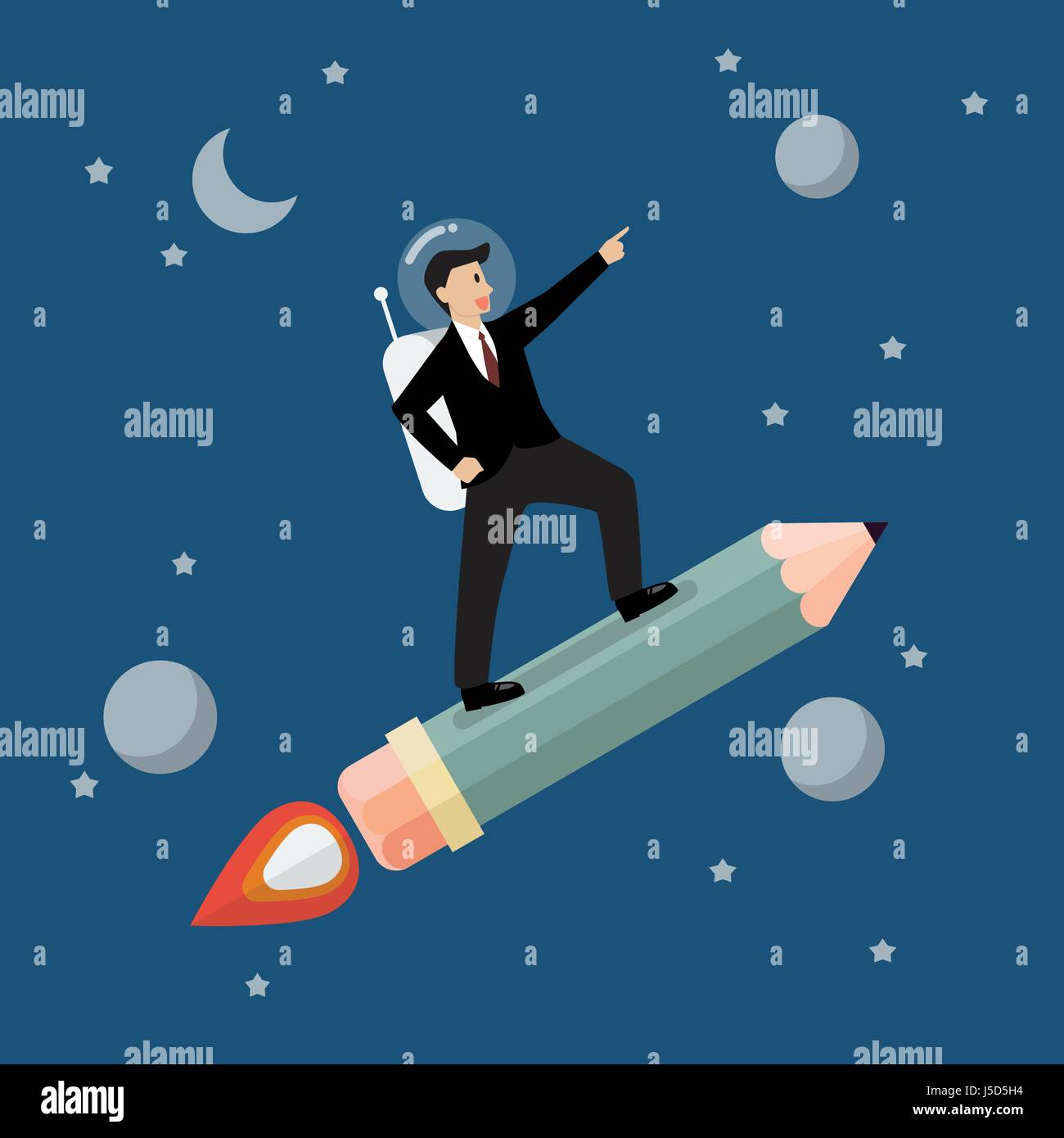 Geschäftsmann Astronaut Bleistift-Rakete. Flachen Stil-Vektor-illustration Stock Vektor