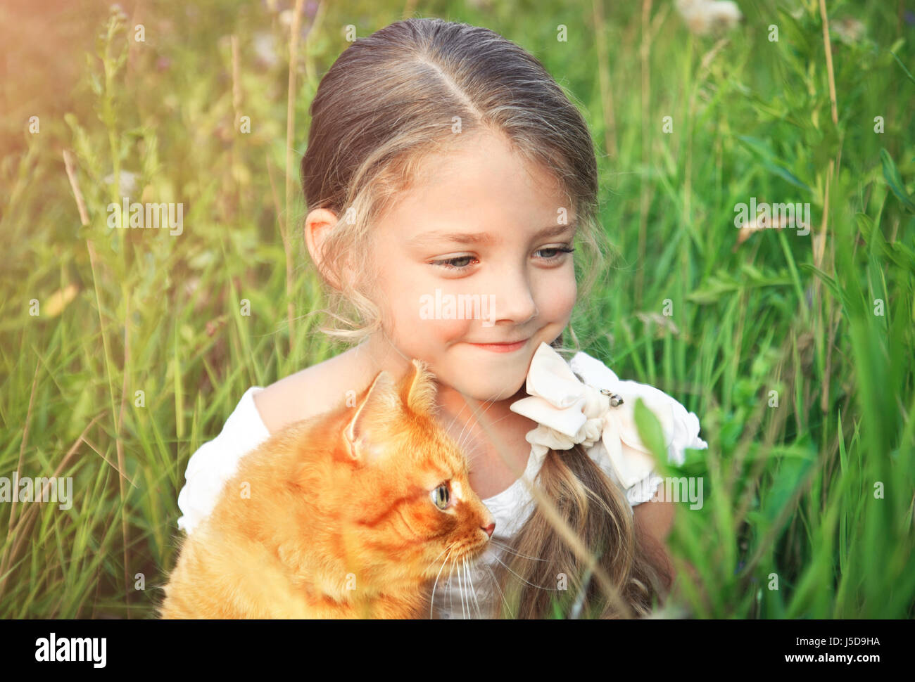 Niedliche kleine Mädchen hält eine rote Katze in der Natur in der Wiese sitzen. Stockfoto