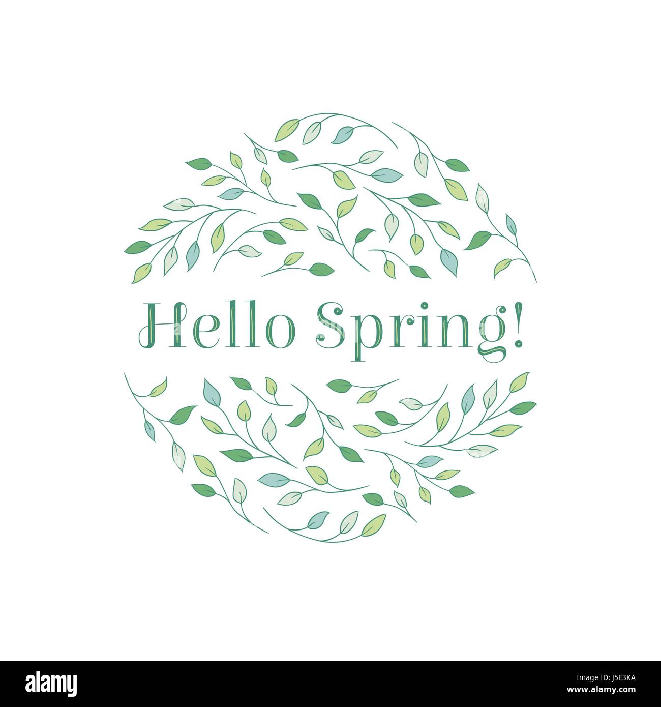 Elegante Äste mit Inschrift "Hallo Frühling!" in einem Kreis angeordnet. Saisonale Frühling Konzept in zarten Grüntöne. Stock Vektor