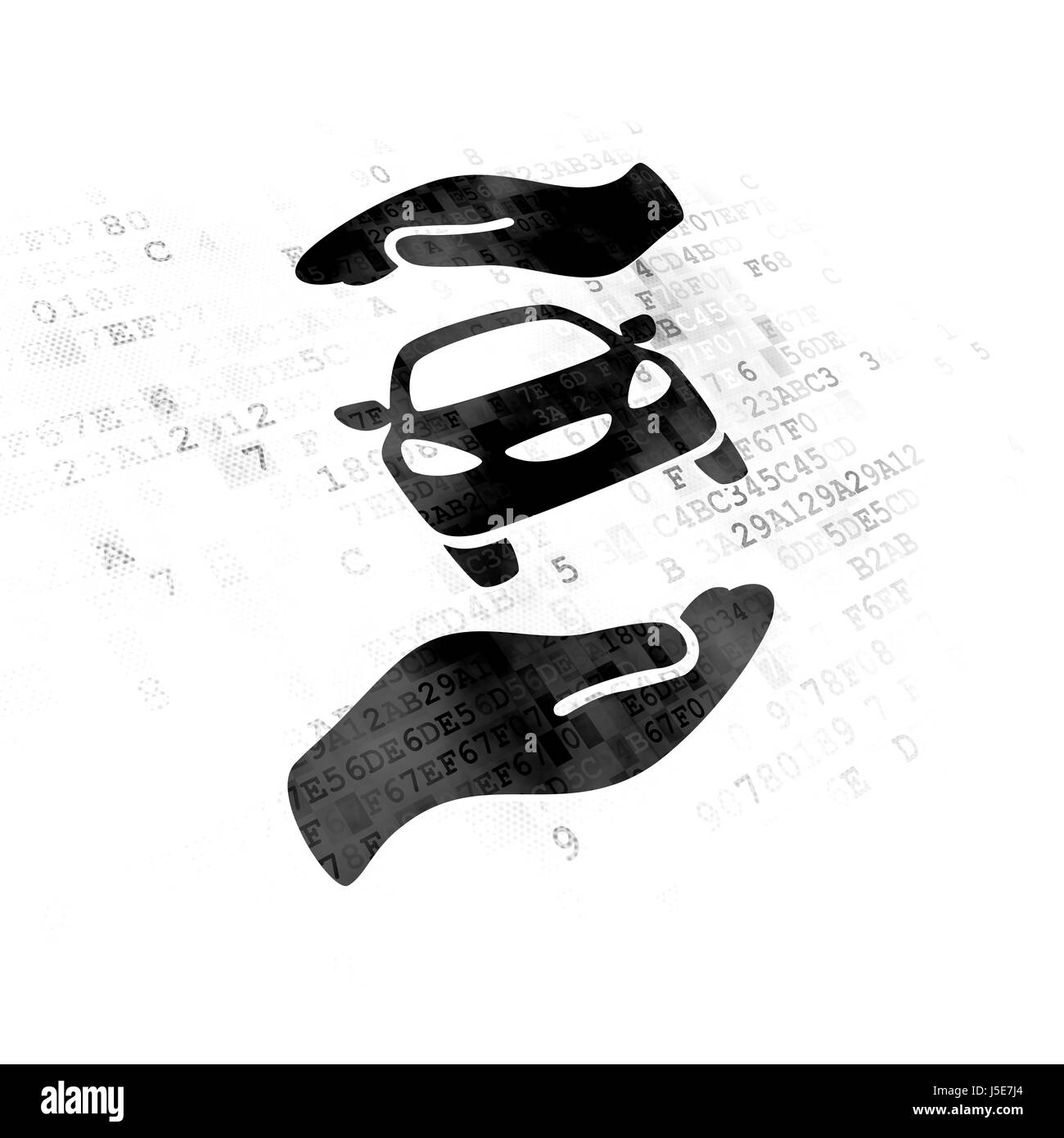 Versicherungskonzept: Auto und Palm auf Digital-Hintergrund Stockfoto