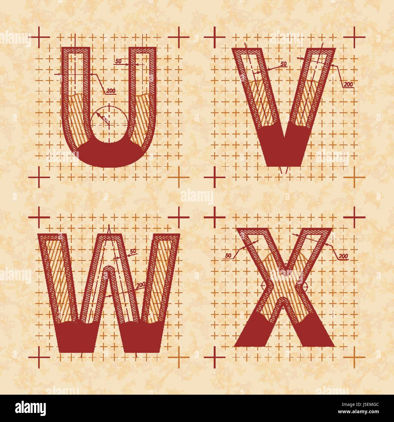 Mittelalterliche Erfinder Skizzen von U V W X Buchstaben. Retro-Stil-Schriftart auf strukturierte Altpapier Stock Vektor