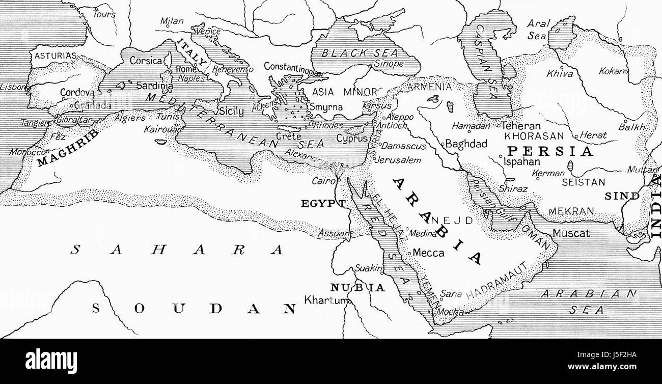 Karte von Umayyad Caliphate auf seiner Höhe um die Wende des 8. Jahrhunderts.  Von Hutchinson Geschichte der Nationen veröffentlicht 1915 Stockfoto