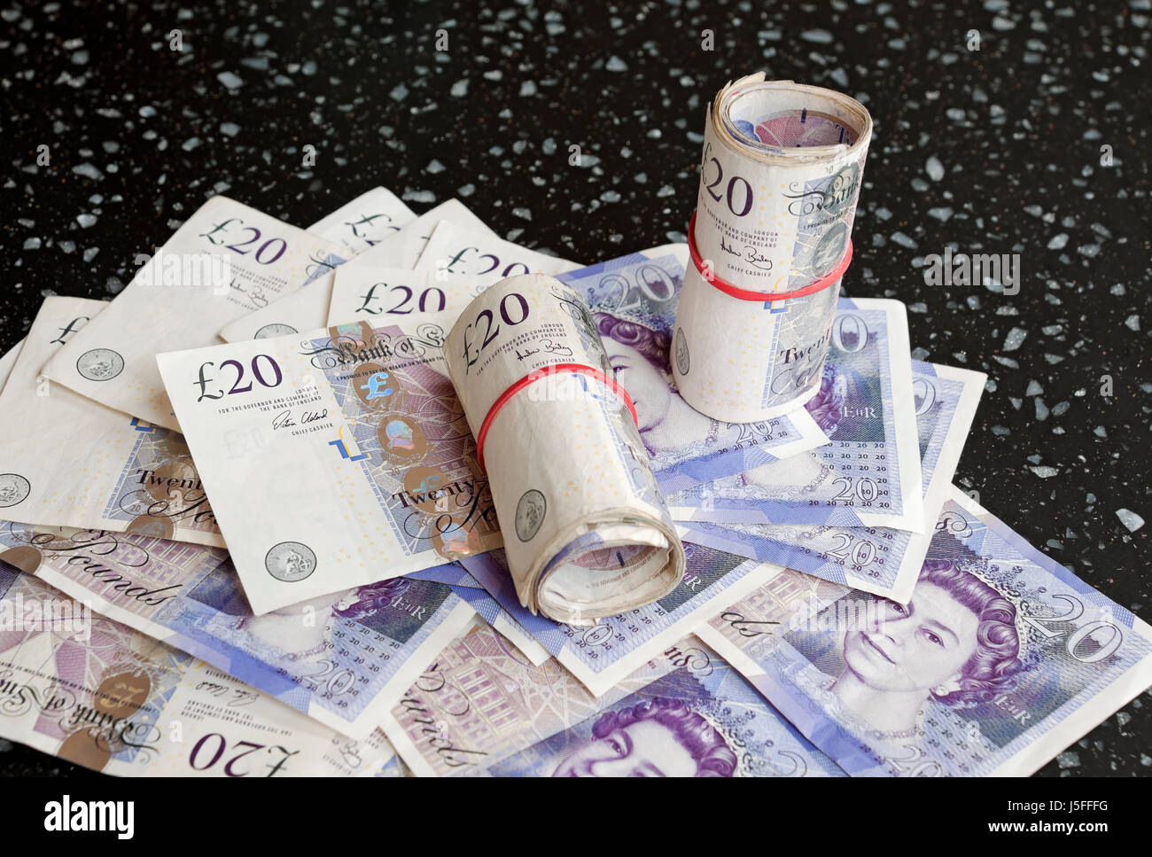 Nahaufnahme von englischem Geldgeld £20 zwanzig Pfund Banknoten Banknote England UK Vereinigtes Königreich GB Großbritannien Stockfoto