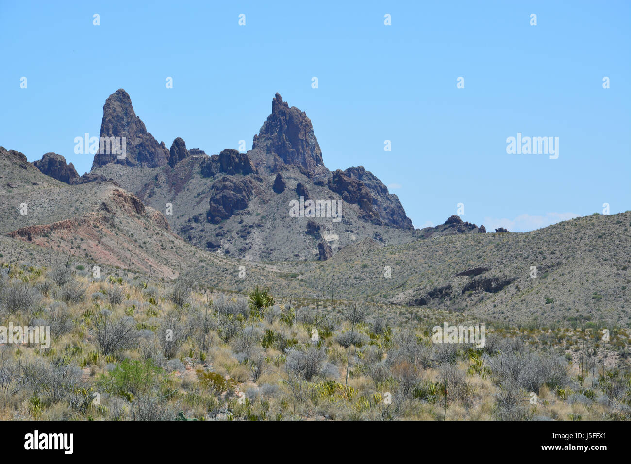 Die Maultiere Ohren ist eine markante Felsformation in der Chihuahua-Wüste Region von Big Bend Nationalpark Stockfoto