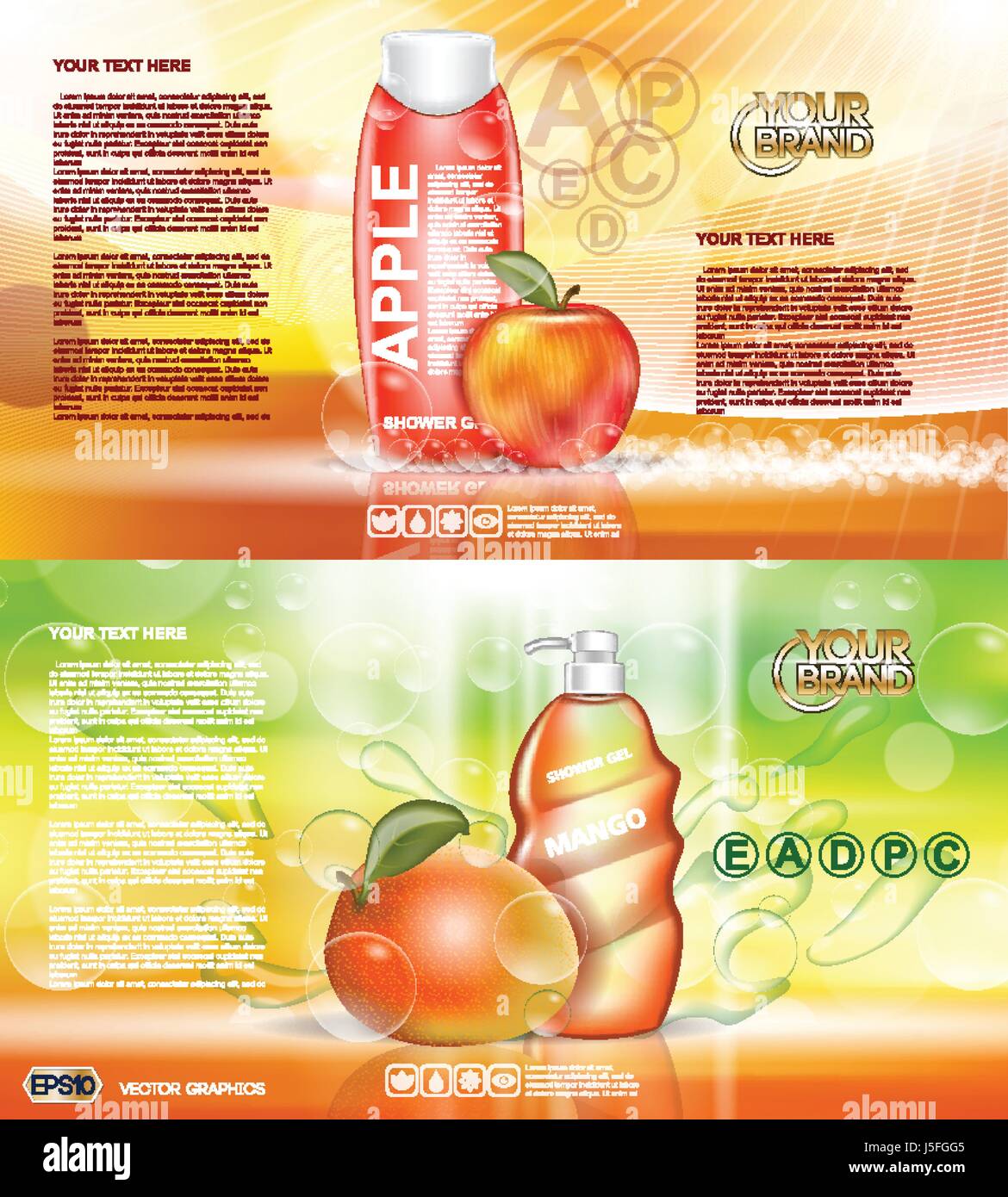 Digital vector rot und orange Dusche Gel Kosmetik-Container Mock-up, Ihre Marke, bereit für Printanzeigen Design. Apple-Früchten und Mango-Seifenblasen. Trans Stock Vektor