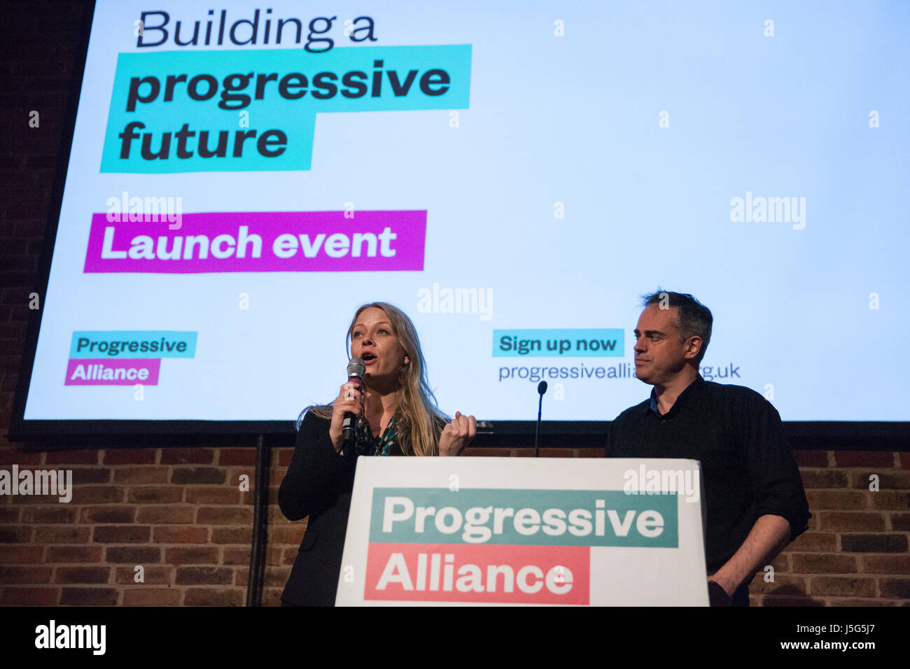 London, UK. 15. Mai 2017. Sian Berry und Jonathan Bartley, grünen Co-Leader, Adresse das Launch-Event für die Progressive Alliance. Stockfoto