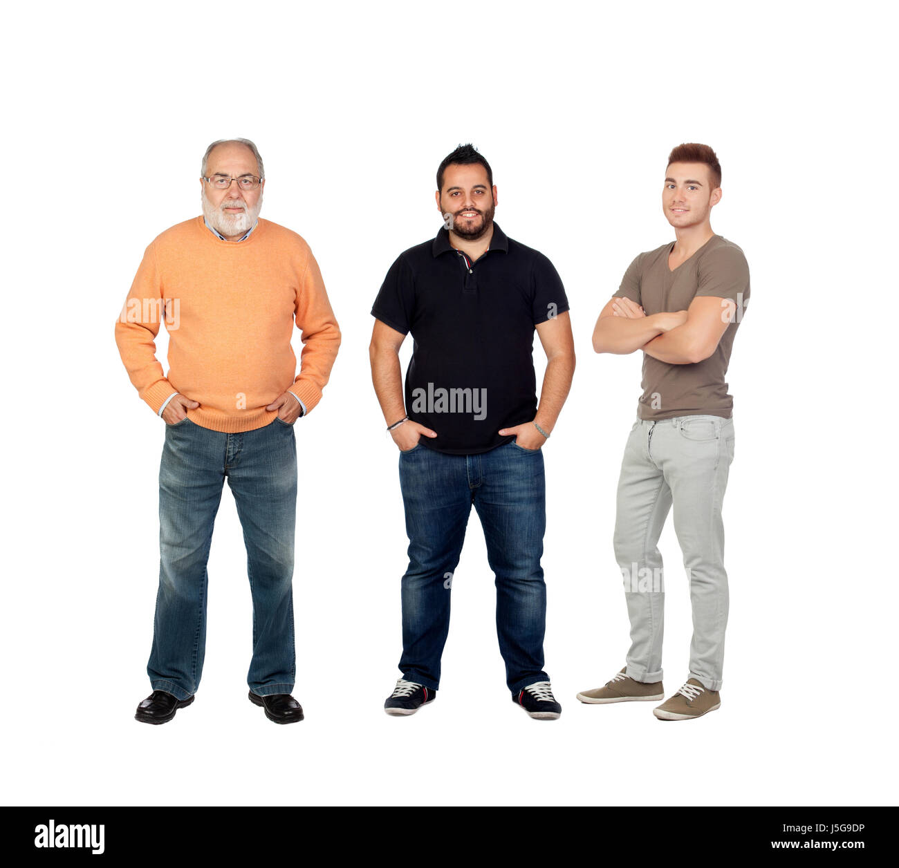 Drei Generationen von Männern, die auf einem weißen Hintergrund isoliert Stockfoto