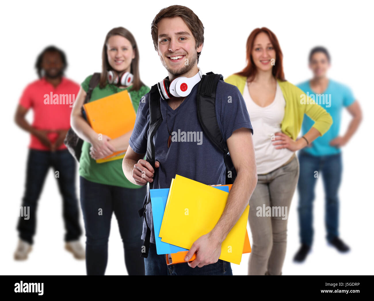 Gruppe von Studierenden jungen lächelnde Menschen isoliert auf weißem Hintergrund Stockfoto