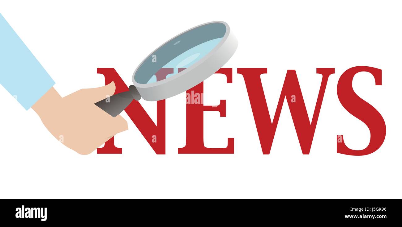 Hand mit großer Lupe News Wort überprüfen. Gefälschte Nachrichten-Konzept wird überprüft. Stock Vektor