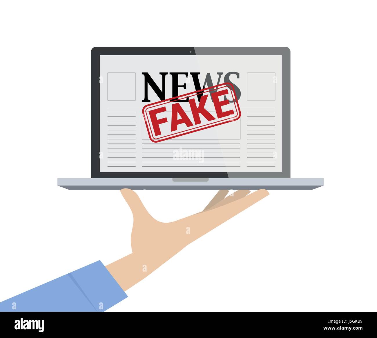 Hand mit Laptop zeigt gefälschte Nachrichten Web Site. Stellen Sie gefälschte Nachrichten Konzept. Stock Vektor