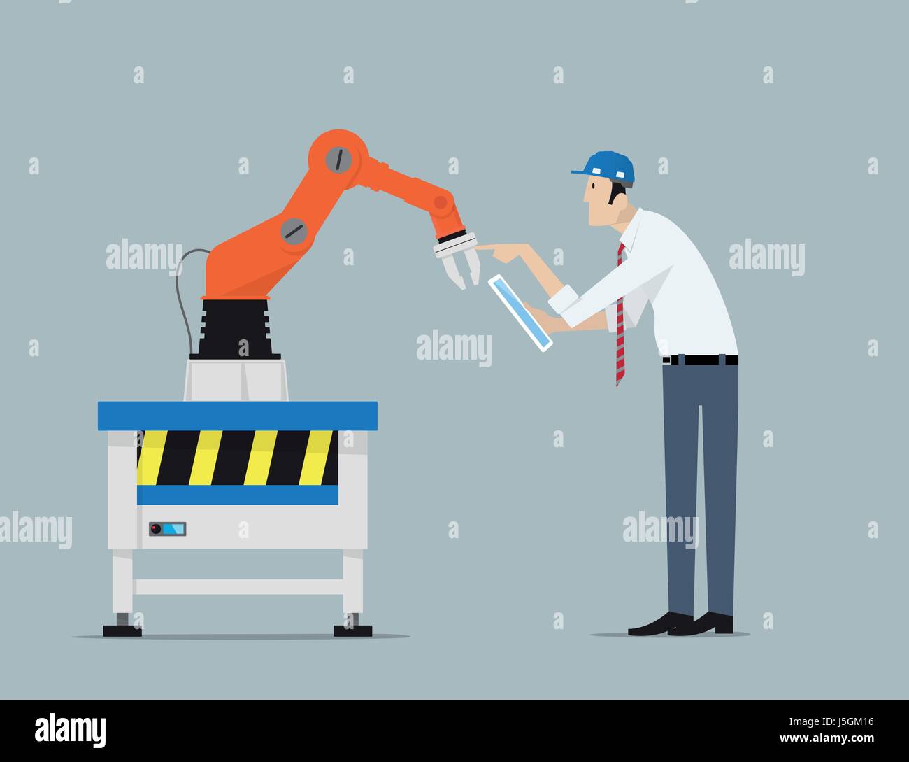 Industrie 4.0 Fabrik Automatisierungskonzept. Roboterhände Ingenieur mit Tablet PC gesteuert. Stock Vektor