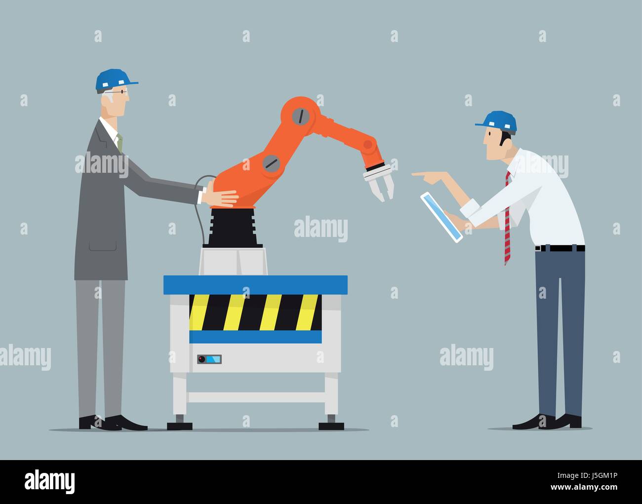 Industrie 4.0 Fabrik Automatisierungskonzept. Ingenieure, diskutieren über Roboterhände. Stock Vektor