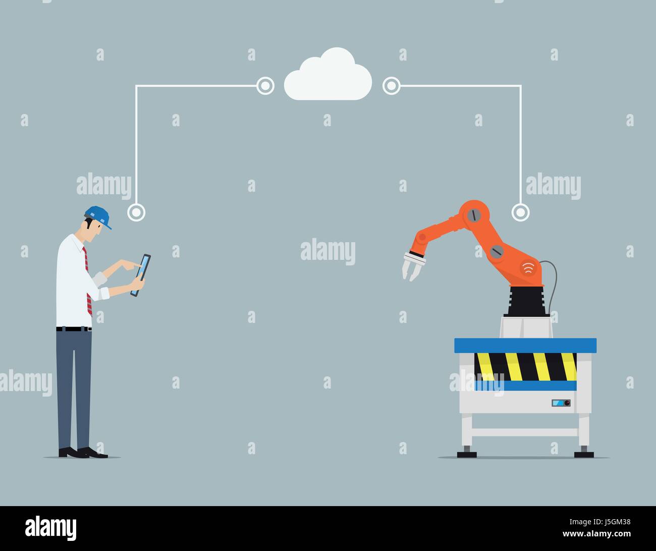Industrie 4.0 Fabrik Automatisierungskonzept. Roboterhand und Ingenieur an Cloud-Server angeschlossen. Stock Vektor