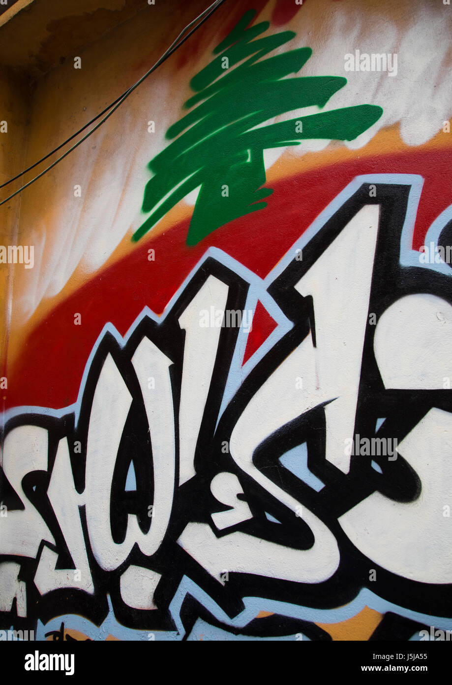 Graffitis an der Wand in Mar Mikhael, Beirut Governorate, Beirut, Libanon Stockfoto