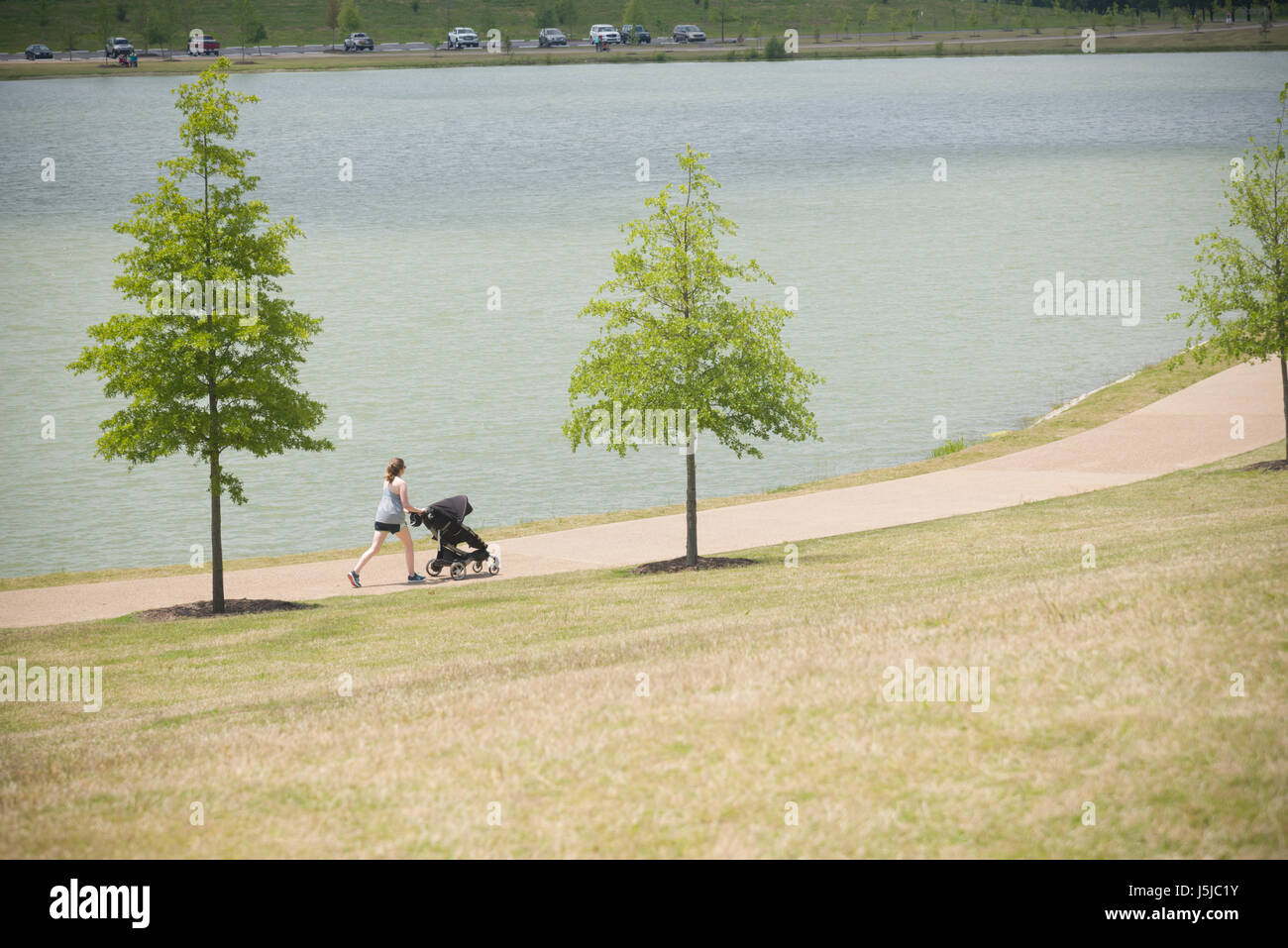 Dame zu Fuß Baby mit dem Kinderwagen rund um Patriot See bei Shelby Farms Park in der Nähe von Memphis Tennessee.  2,5 Meile Wanderweg umgibt den See. Stockfoto