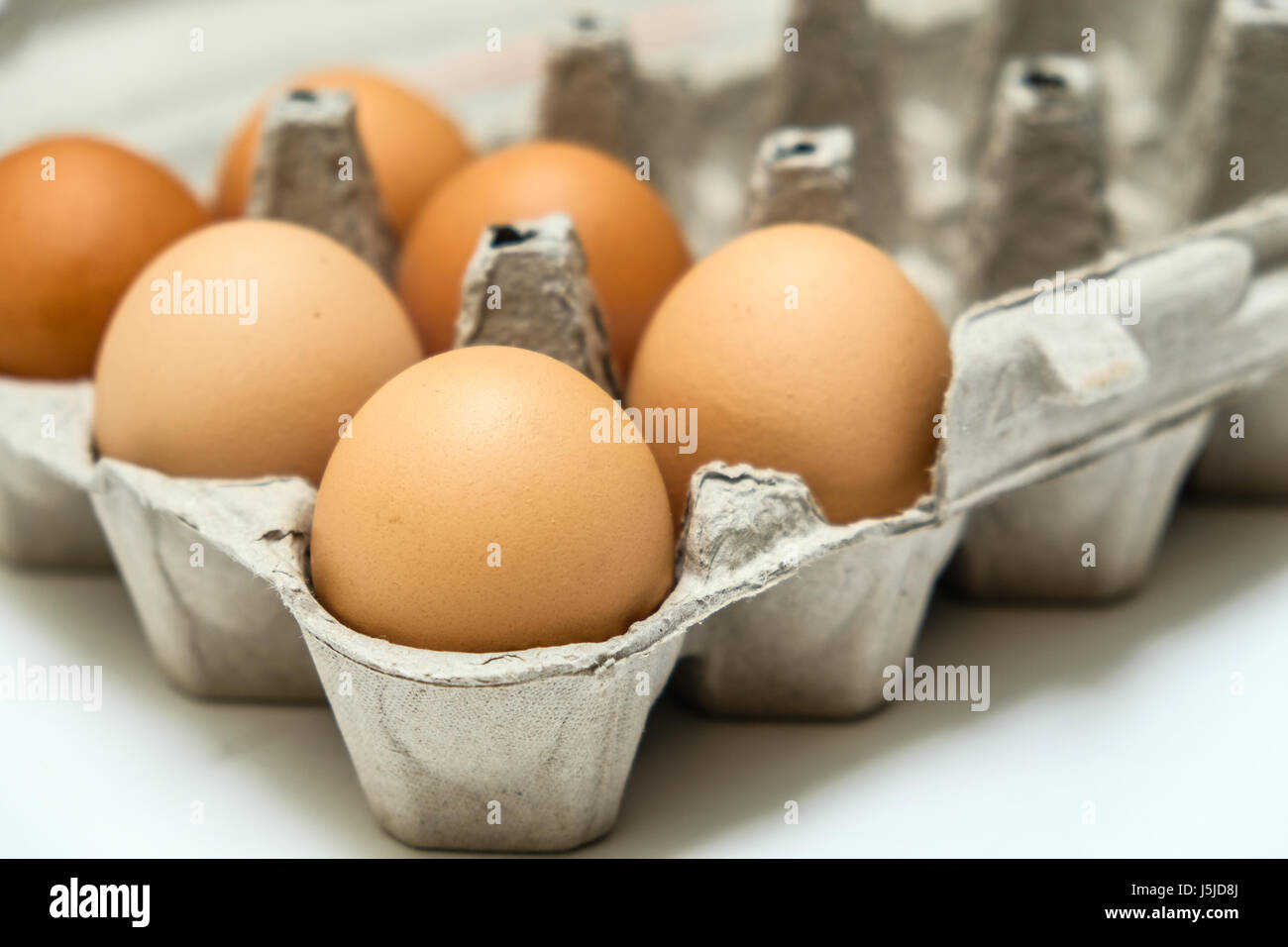 Sechs große braune Bioeier links in 18 Eiern Karton, horizontales Bild, weißer Hintergrund Stockfoto