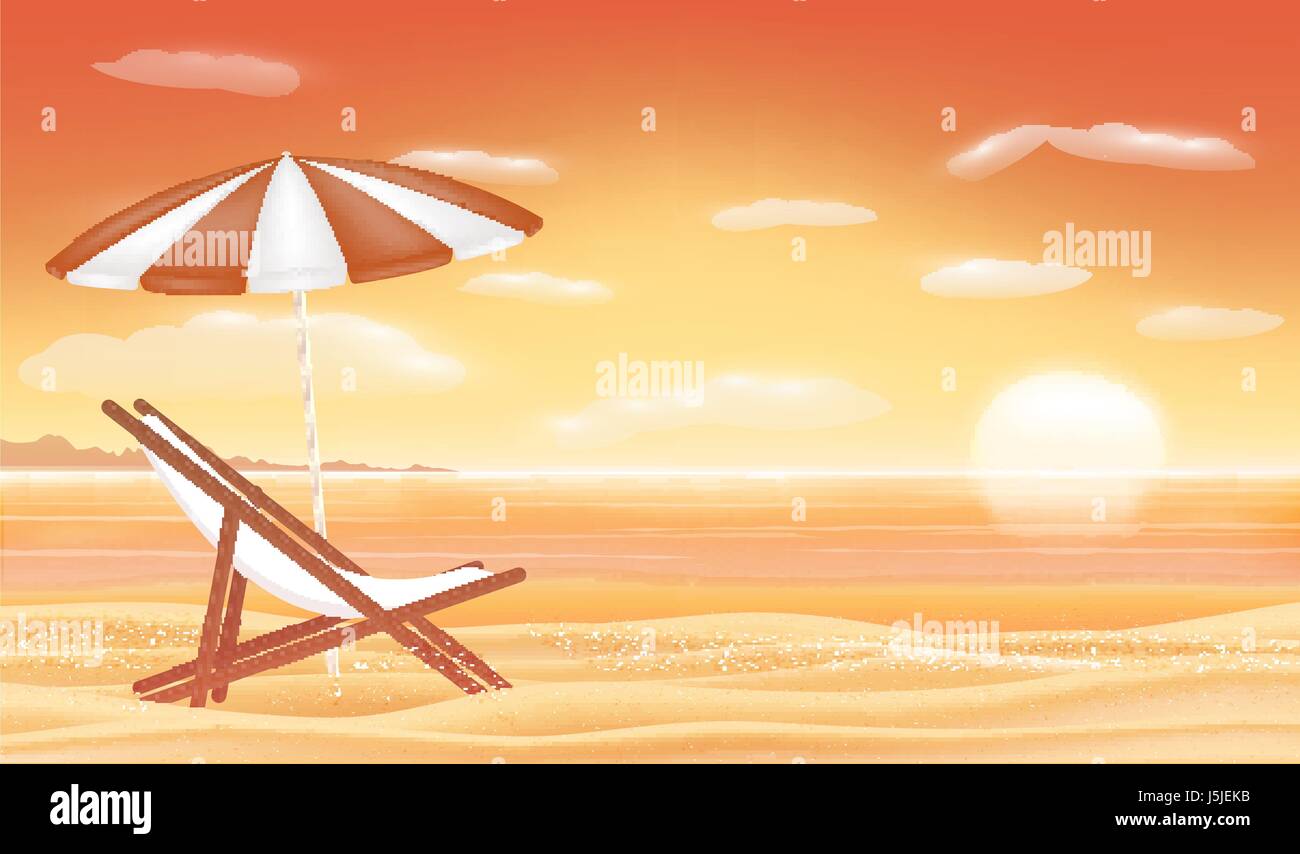 Relax Stuhl Sonnenschirm mit Sonnenuntergang Meer Strand Hintergrund Stock Vektor