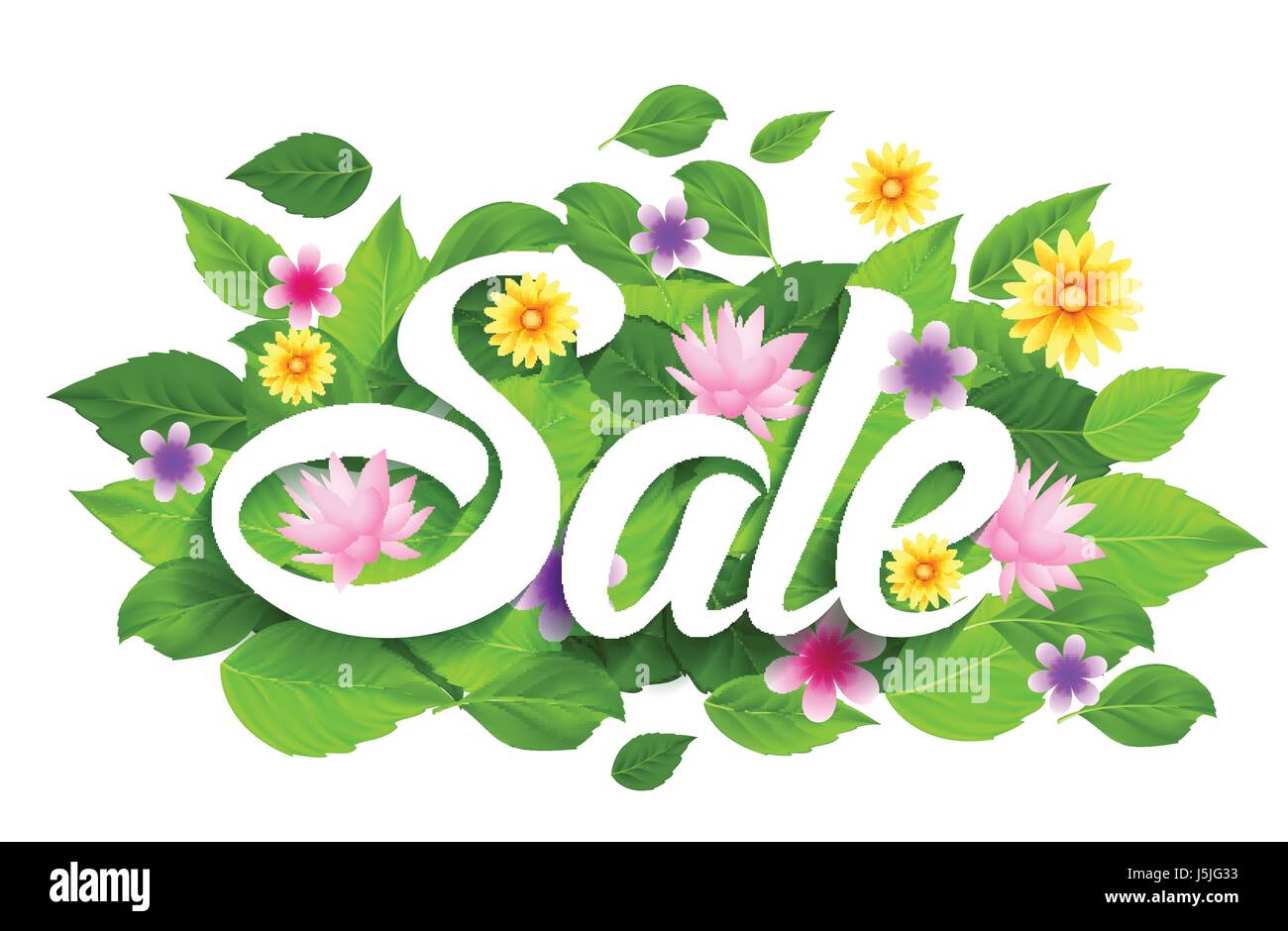 Frühling Verkauf Wort Vektor mit Schmetterlingen, Blätter und Blüten. Vektor-Illustration Stock Vektor