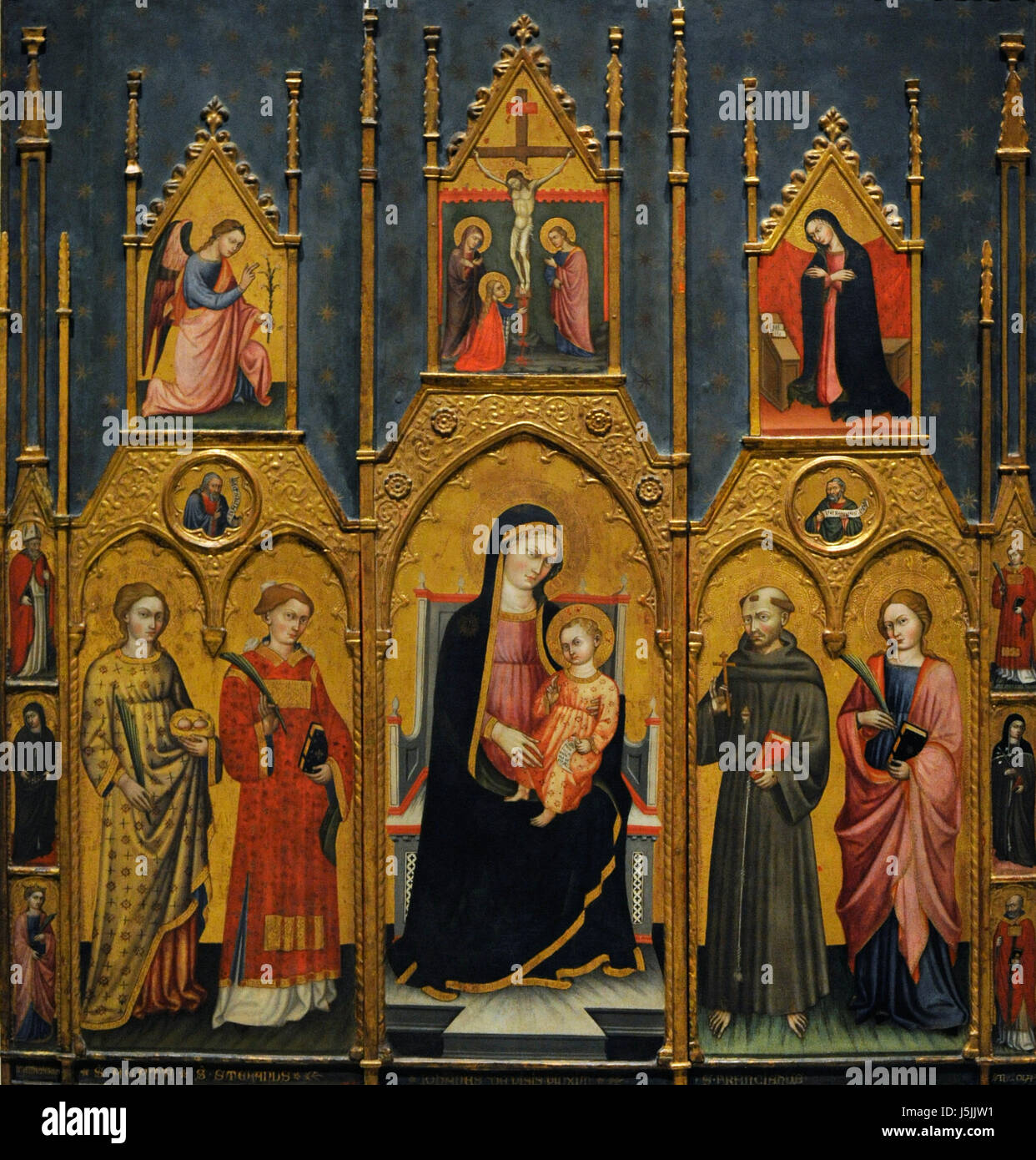 Giovanni di Pietro da Pisa (aktiv zwischen 1401-1423). Italienischer Maler. Altarbild der Madonna mit Heiligen Agatha, Stephen, Francis und ein heiliger Märtyrer, erstes Viertel des 15. Jahrhunderts. Herkunft unbekannt. Nationalen Kunstmuseum von Katalonien. Barcelona. Katalonien. Spanien. Stockfoto