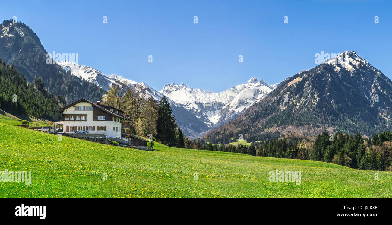 Haus auf der Blumenwiese und schneebedeckten Berge im Hintergrund Stockfoto
