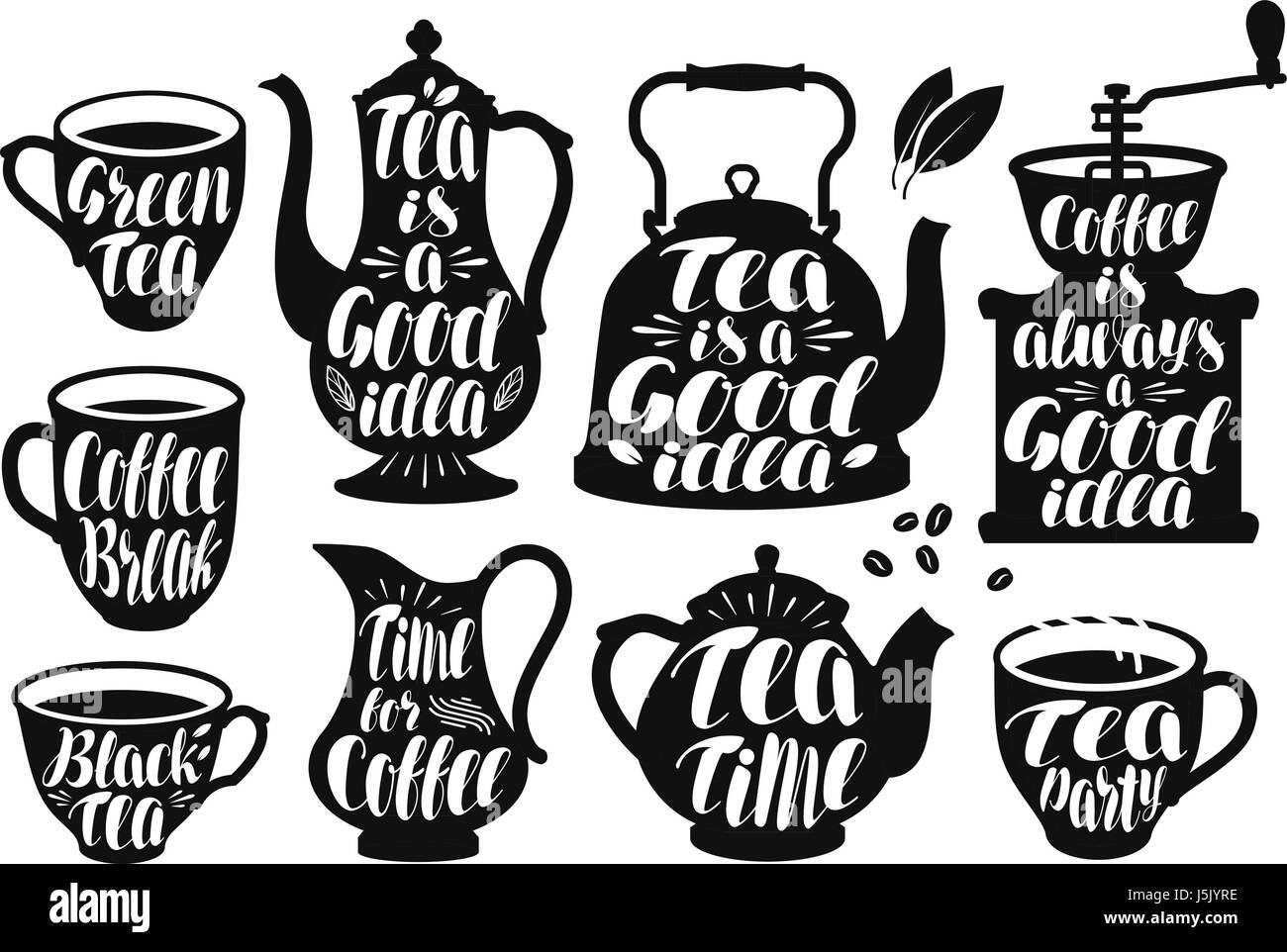 Kaffee, Tee-Beschriftung-Set. Designvorlage für Menü Restaurant oder Café. Schriftzug-Vektor-illustration Stock Vektor