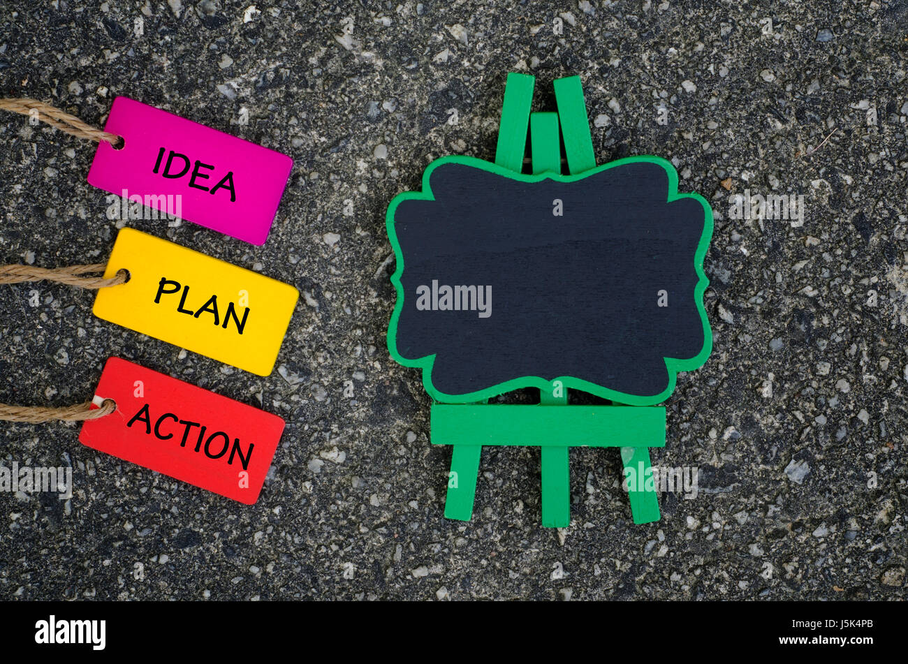 Wort Idee Plan Aktion auf hölzerne Schild mit hölzernen Staffelei. Stockfoto
