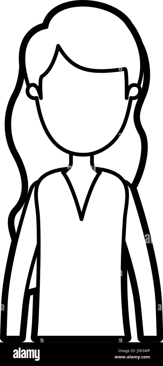 schwarze dicke Kontur Karikatur gesichtslosen halben Körper Frau mit welligen Langhaar Stock Vektor