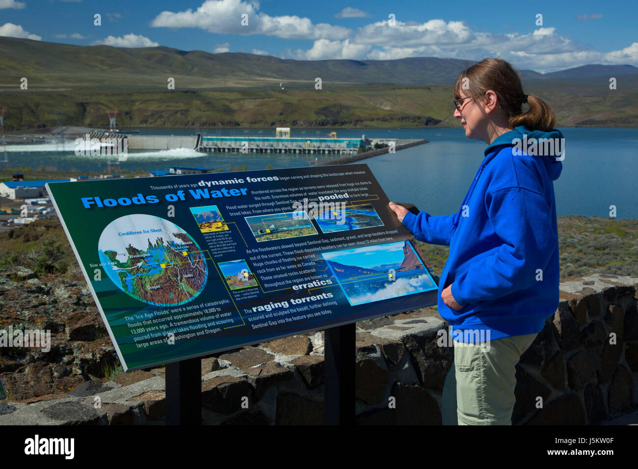 Interpretierende Board bei Wanapum Dam Overlook, Grant County, Washington Stockfoto