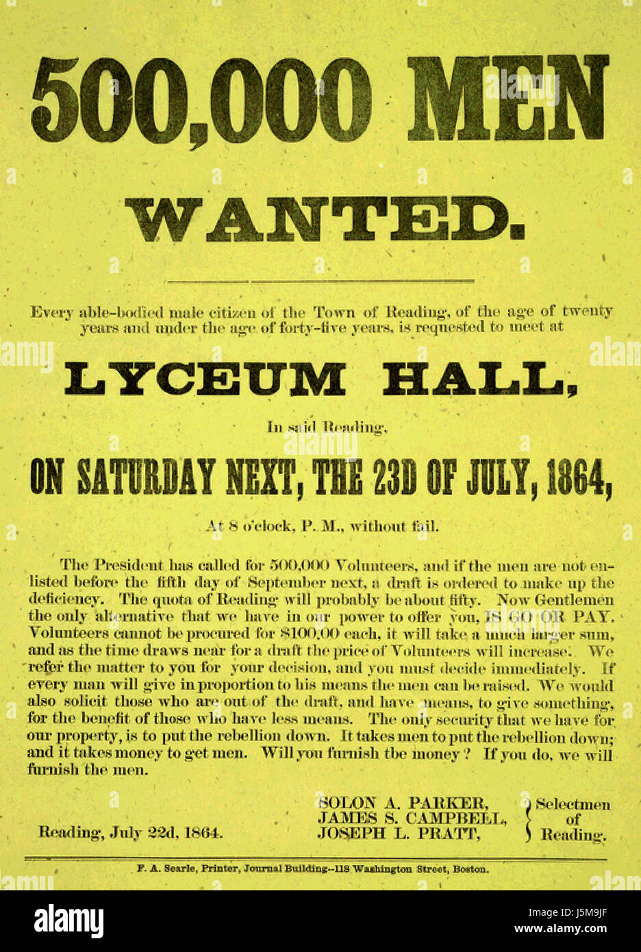 500.000 Männer wollten - treffen am Lyceum Hall, Reading, Pennsylvania - amerikanischer Bürgerkrieg Recruiting Poster, 1864 Stockfoto