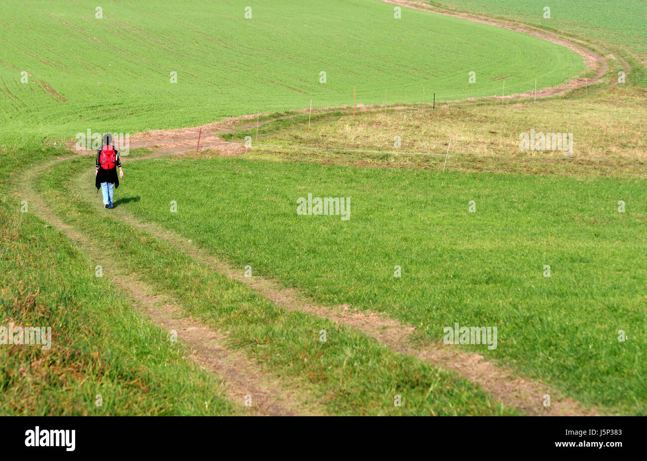 Wandern durch Wiesen und Felder Stockfoto