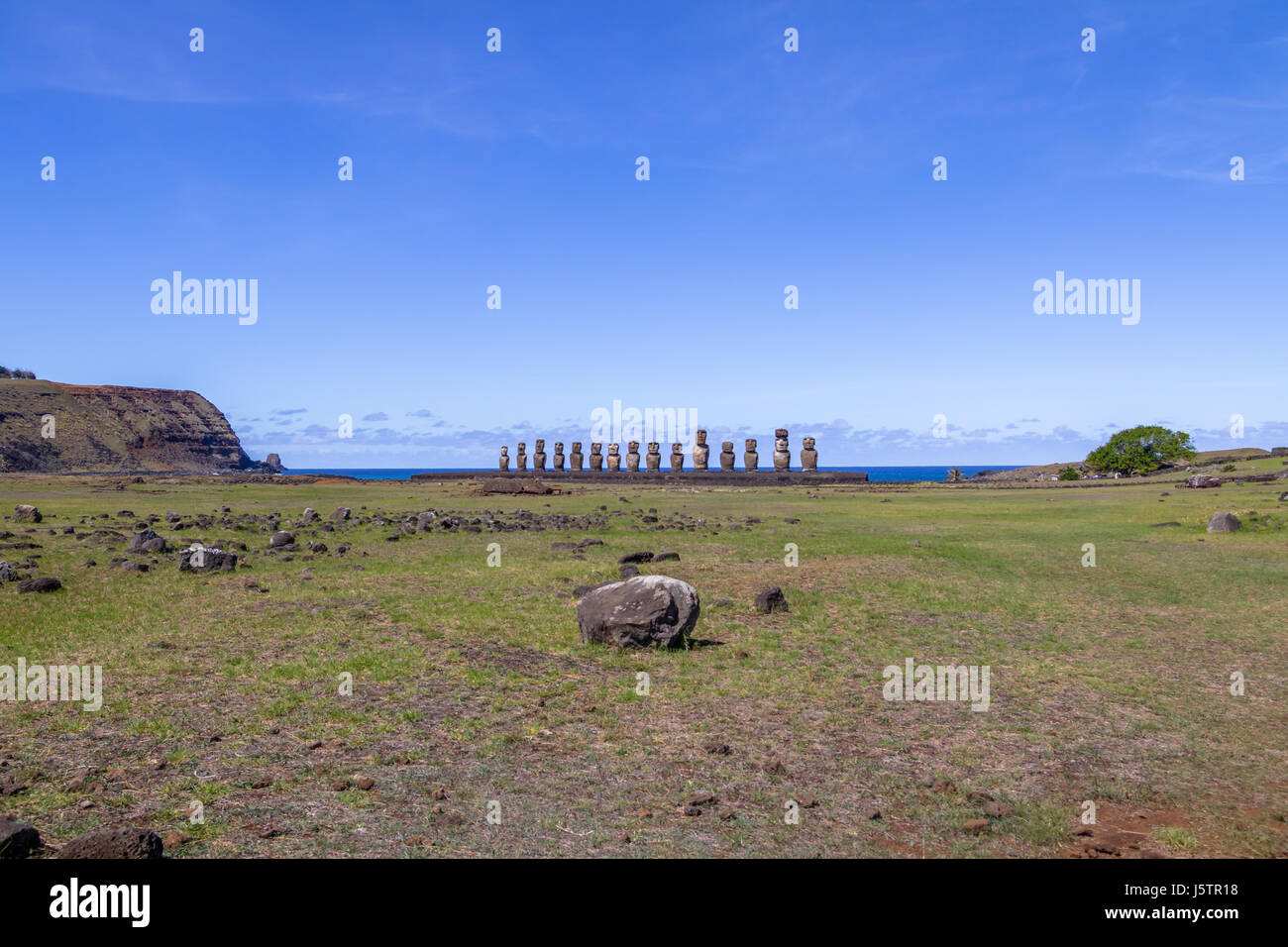 Moai Statuen der Ahu Tongariki - Osterinsel, Chile Stockfoto