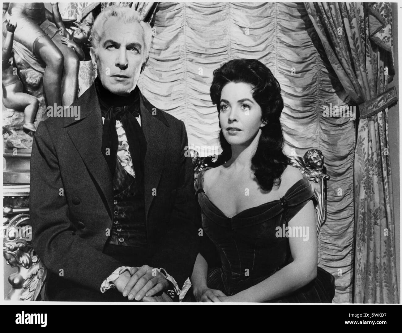 Vincent Price, Myrna Fahey, am Set des Films, "House of Usher", 1960