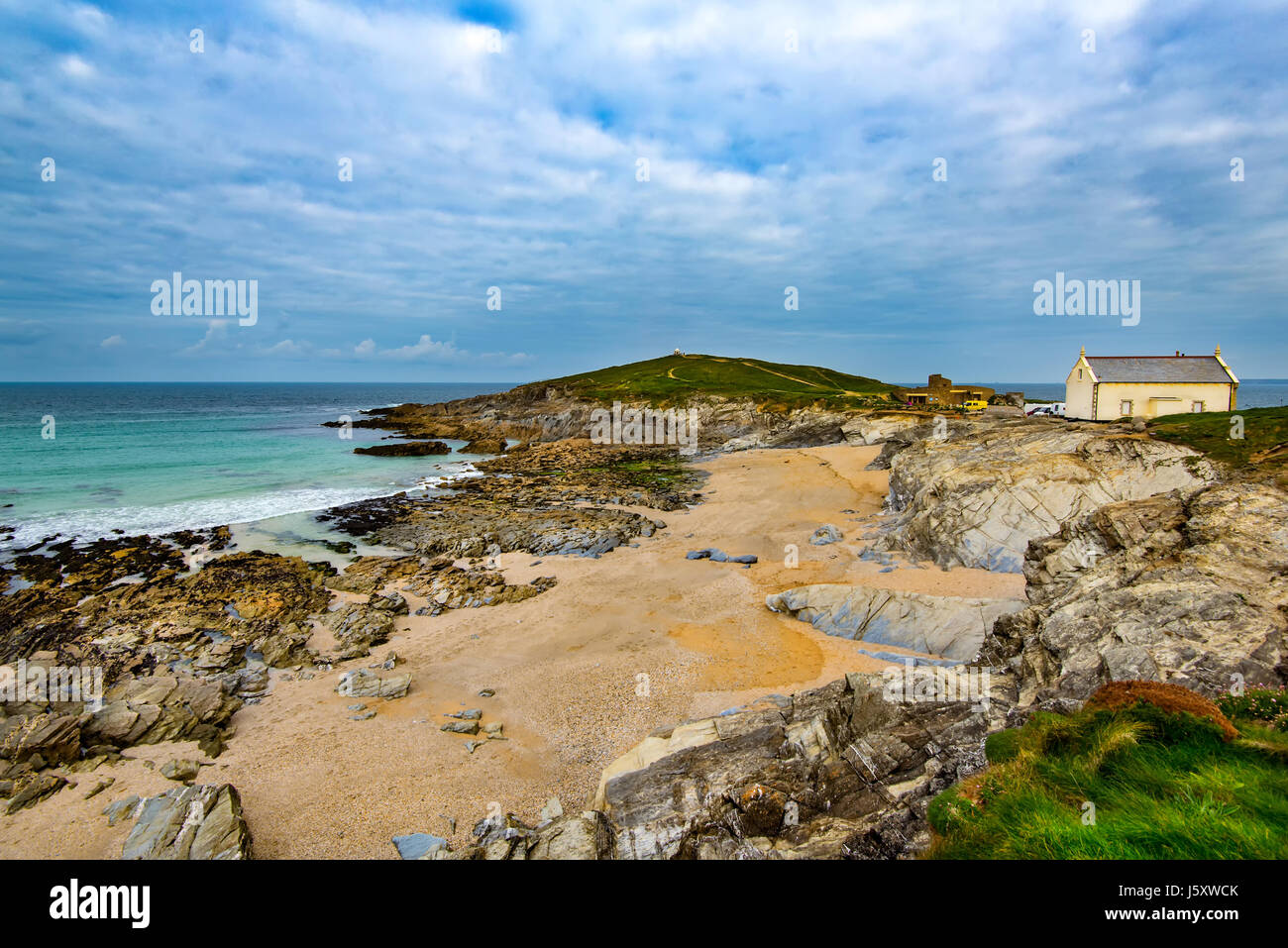 Wenig Fistral Beach und Towan Kopf, Newquay, Cornwall, UK Stockfoto