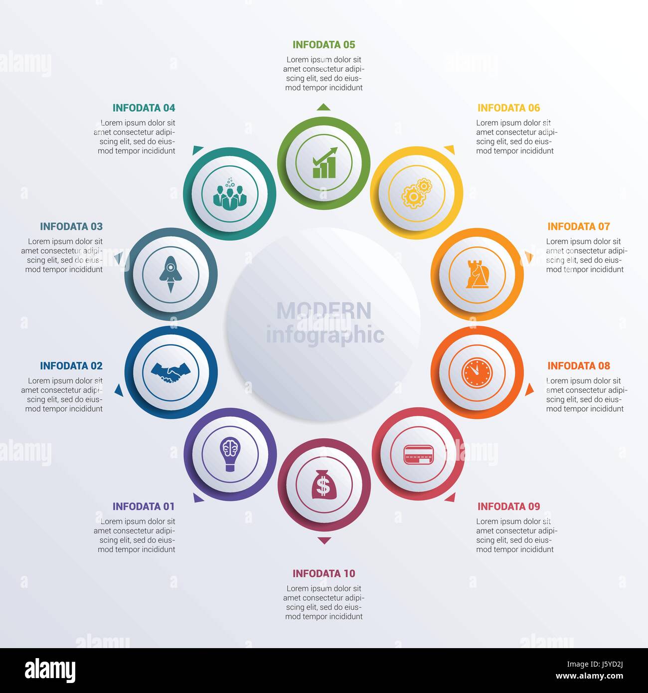 Vector Illustration modernen Infografik Diagramm Geschäft Schritte für 10 Optionen. Farbkreise weißen Kreis. Stock Vektor