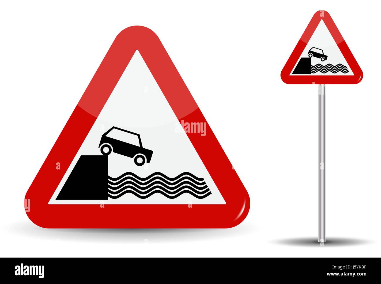 Straßenschild Warnung Abfahrt zur Böschung. Im roten Dreieck Küste, Wasser und Auto schematisch dargestellt. Vektor-Illustration. Stock Vektor