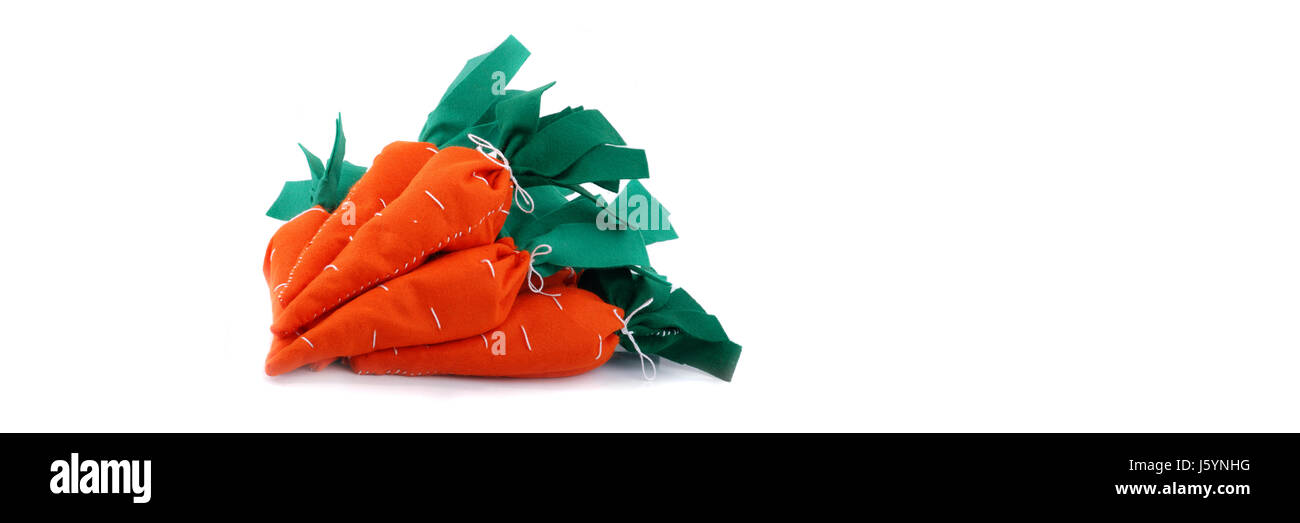 Orange Dekoration Karotten Karotten genäht Gewebe Makro Nahaufnahme Makro Aufnahme Stockfoto