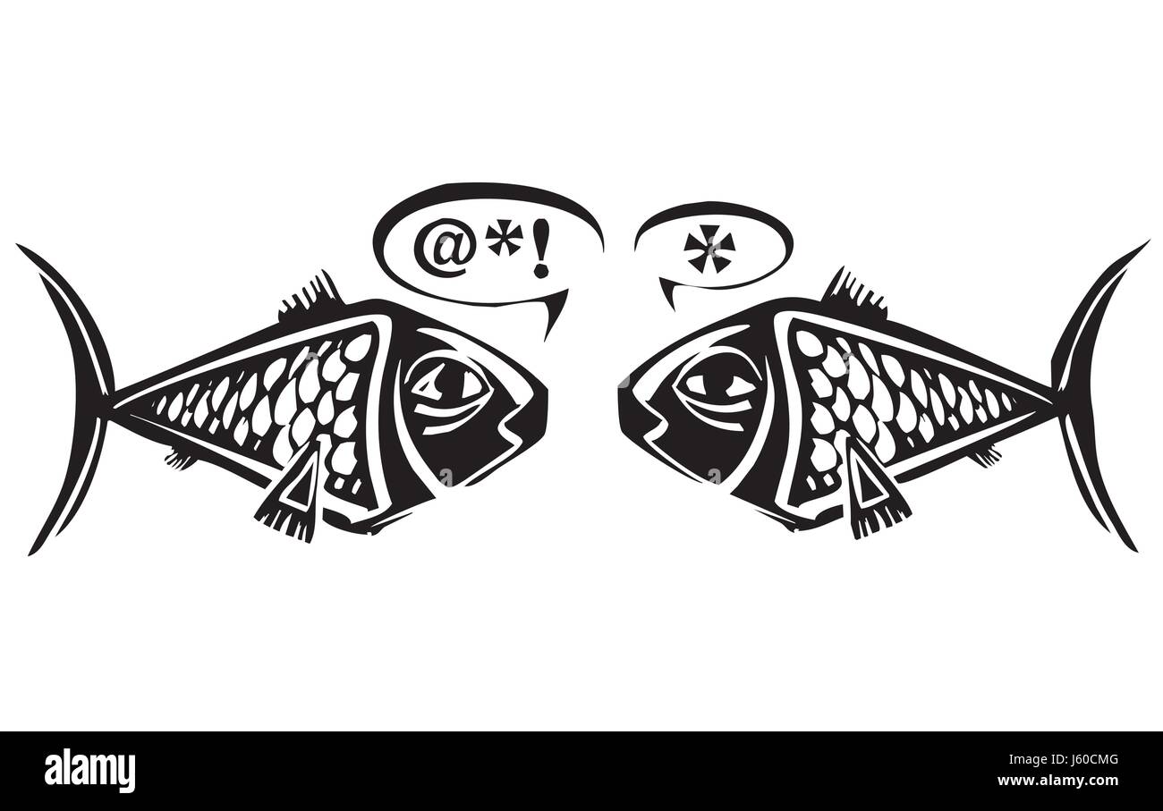 Holzschnitt Stil Fisch in Symbole miteinander zu sprechen Stock Vektor