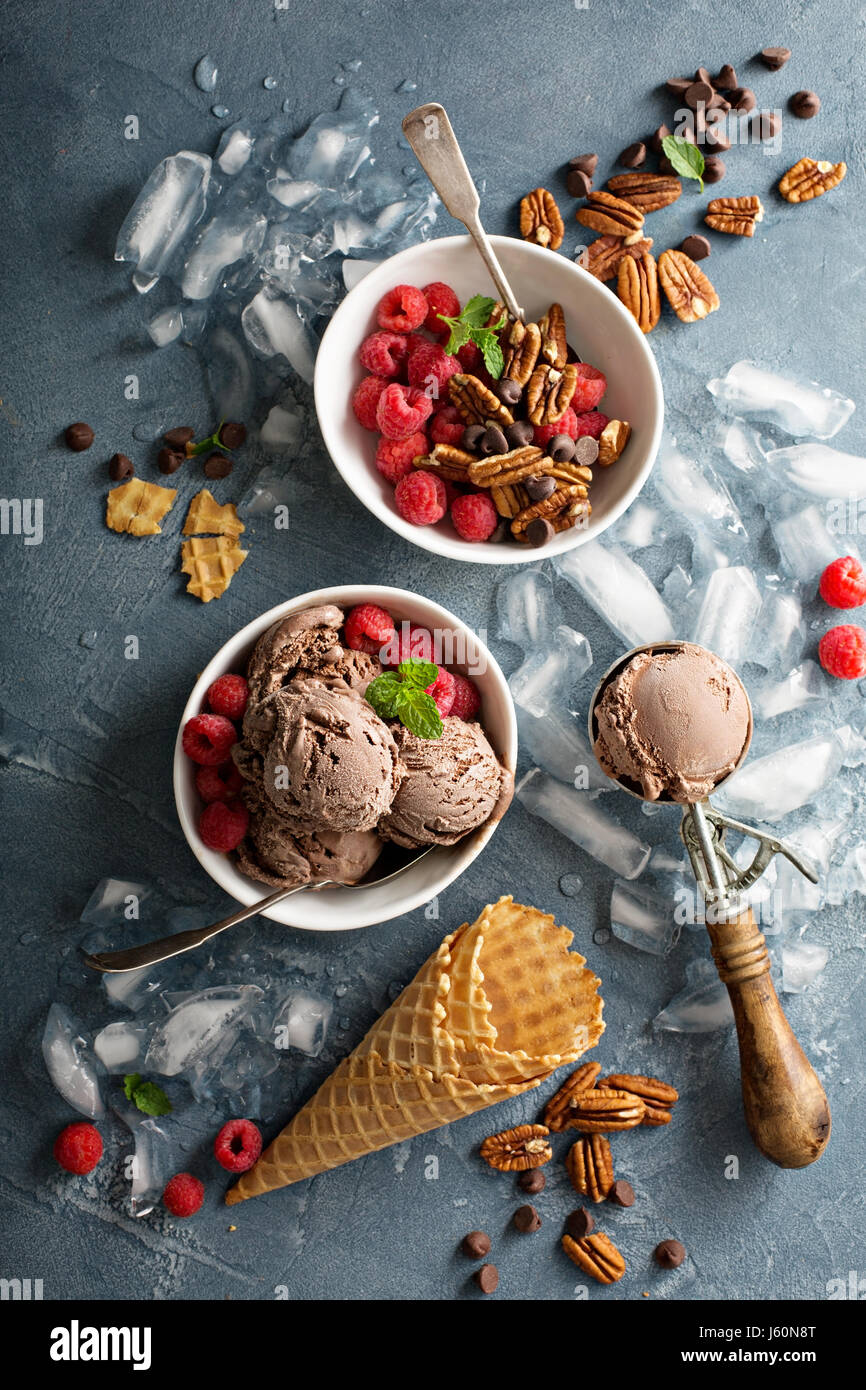 Schokoladen-Eiscreme mit frischen Beeren in Schalen Stockfoto