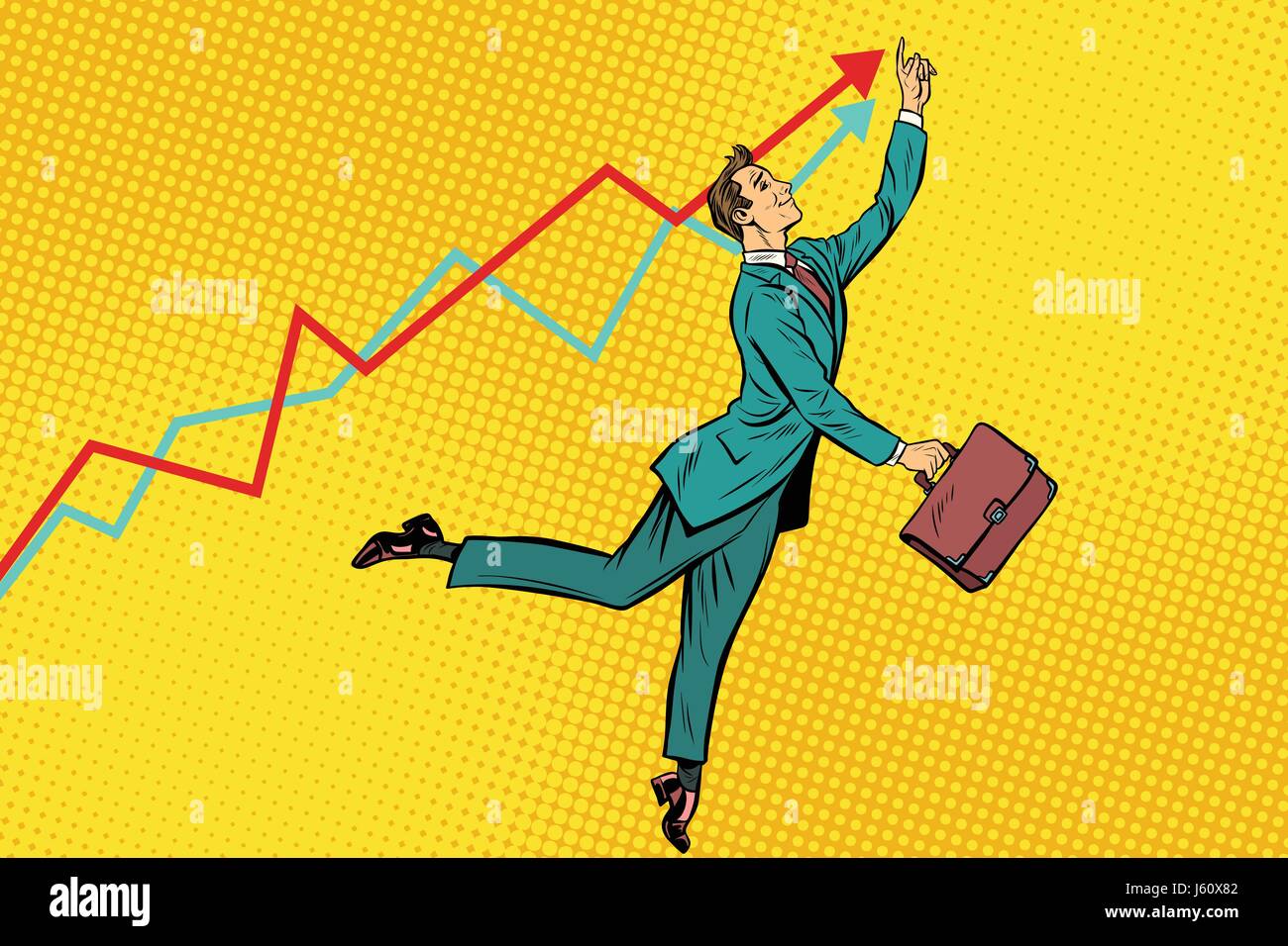 Lustige Kaufmann bemüht sich um hohe Ergebnisse. Pop-Art-Retro-Vektor-Illustration Zeichnung Stock Vektor