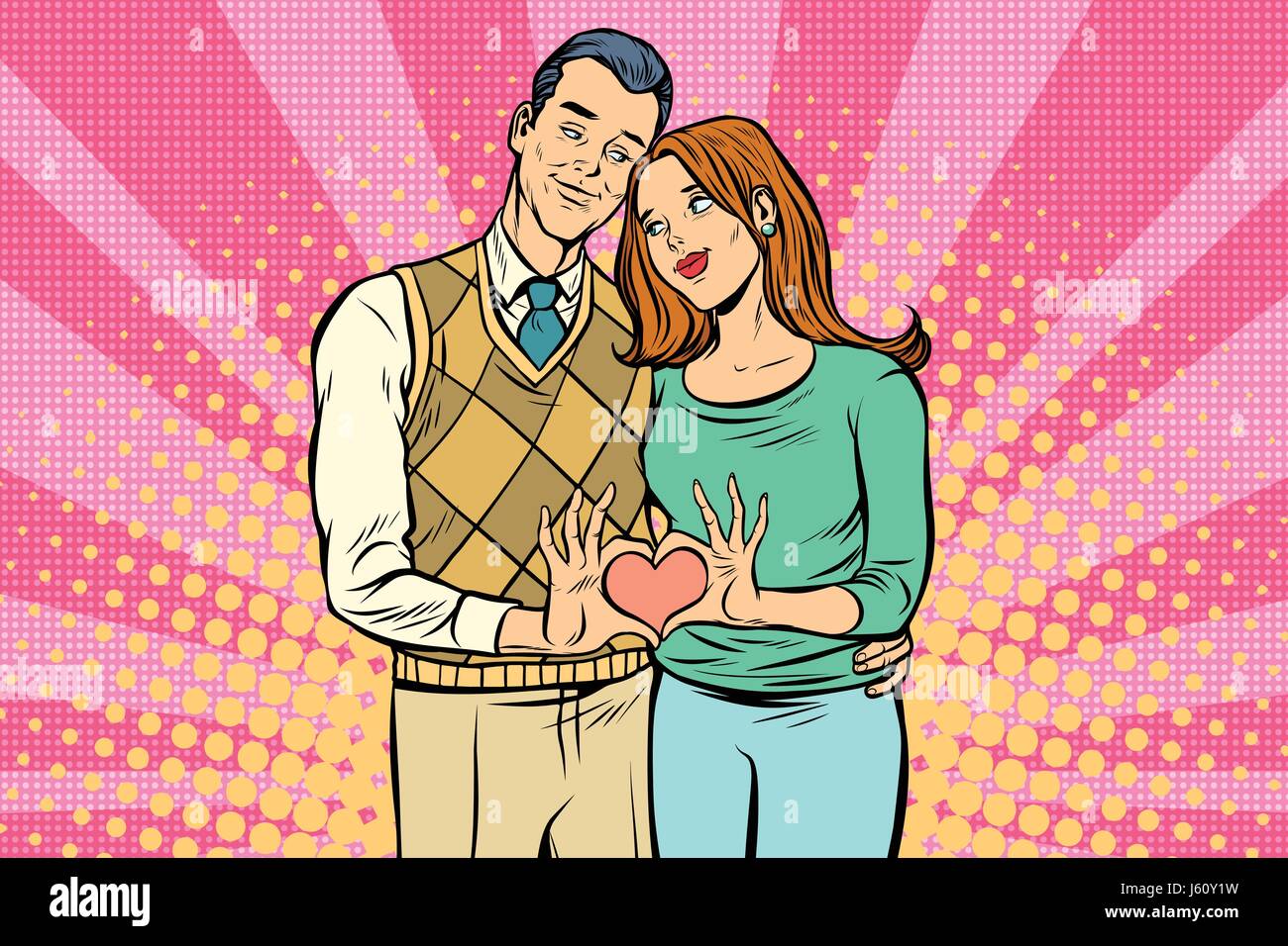Süßes Paar, hand Geste ein Herz der Liebe. Pop-Art-Retro-Vektor-Illustration Zeichnung Stock Vektor