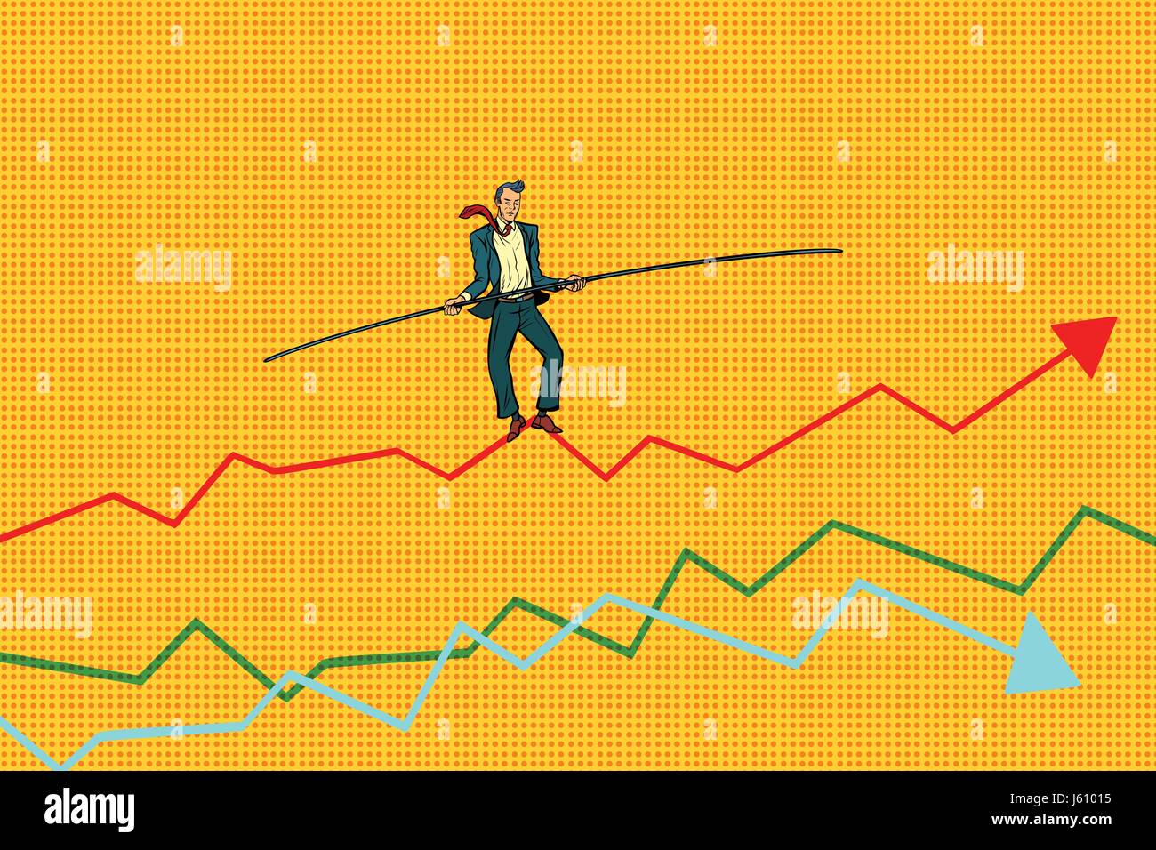 Geschäftsmann Gratwanderung Walke, Zeitplan des Umsatzes. Pop-Art-Retro-Vektor-Illustration Zeichnung Stock Vektor
